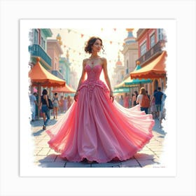 Beautiful Gown Watercolor, Amidst A Colorful Carnival Setting 1 Art Print