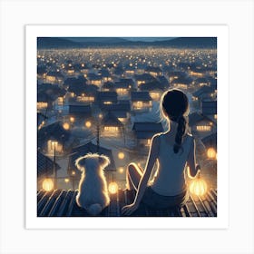 Little girl and her little dog looking at the night sky together 3 Art Print