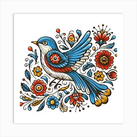 Ukrainian Folk Art With Bluebird And Flowers Art Print