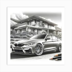 A Pencil Drawing Of A BMW M3 In Front Of A Beautiful Modern Mansion Art Print