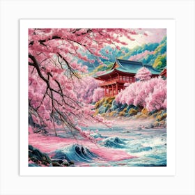 A stunningly vibrant watercolor illustration of a serene Japanese landscape featuring cherry blossoms. The foreground shows a river with gentle waves reflecting the pink hues of the blossoms. Art Print