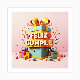 Feliz cumple and Feliz cumpleaños sign means Happy Birthday in Spanish language, Birthday party celebration gift with birthday cake candle colorful balloons best congratulation over light backgroundFeliz Cumpli Art Print