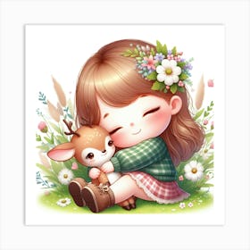 Cute Girl Hugging A Deer Art Print