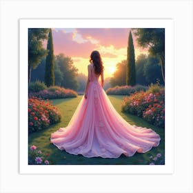 Radiant Gown Watercolor, Set In A Tranquil Garden At Twilight 1 Art Print