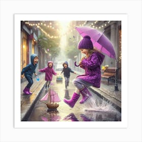 Children Playing In The Rain Art Print