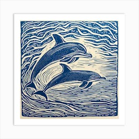 Dolphins Linocut Art Print