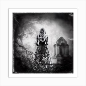 Gothic portrait of a woman standing in a cemetery. Art Print