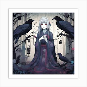 Japanese Girl With Crows Art Print