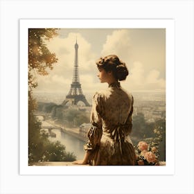 Vintage Parisian Elegance: Woman Gazing at the Eiffel Tower - Romantic Victorian-Inspired Art Print Art Print