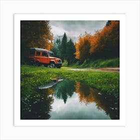 Red Jeep In Autumn Art Print