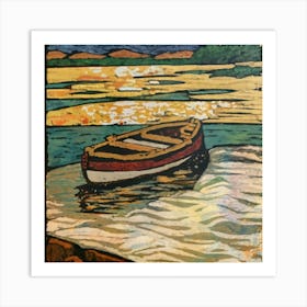 Oil painting of a boat in a body of water, woodcut, inspired by Gustav Baumann 7 Art Print