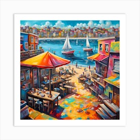 Sailboats Shops And Sun Kissed Beach Art Print