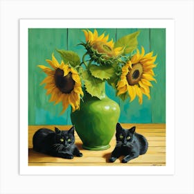 Vase With Three Sunflowers With A Black Cat, Van Gogh Inspired 4 Art Print