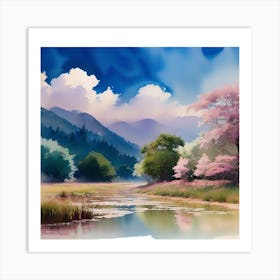 Watercolor Of Cherry Blossoms Art Print