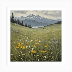 Vintage Oil Painting of Wild Flowers in a Meadow, Mountains in the Background 23 Art Print