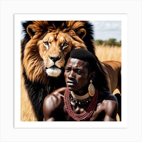 African Man With Lion Art Print