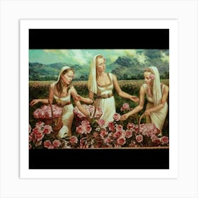 Three Women Picking Roses Art Print