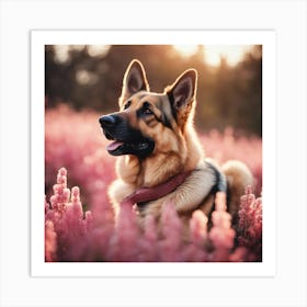 German Shepherd Dog In Pink Flowers Art Print