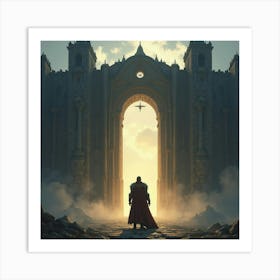 A Brave Warrior In Ancient Armor Standing Before A Colossal, Enchanted Gate Art Print