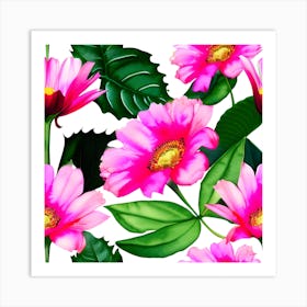 Seamless Pattern With Pink Flowers And Leaves 1 Art Print