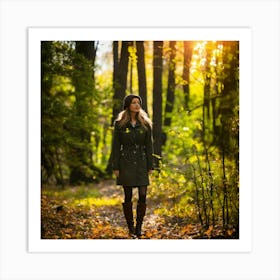 Beautiful Woman In Autumn Forest Photo Art Print