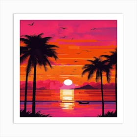 Sunset With Palm Trees Art Print