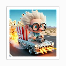 Scientist Driving A Car With Popcorn 1 Art Print