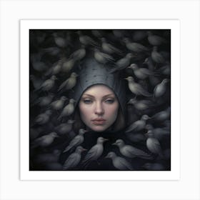 Girl Surrounded By Birds 2 Art Print