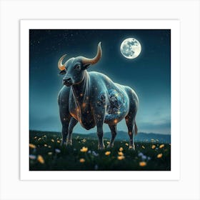 Bull In The Field At Night 4 Art Print