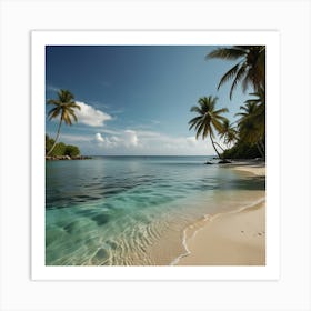 A Tranquil Beach With Crystal Clear Water And Palm Trees Swaying In The Breeze Art Print