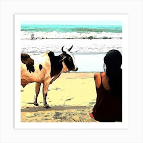 Cow and Woman at Beach Art Print