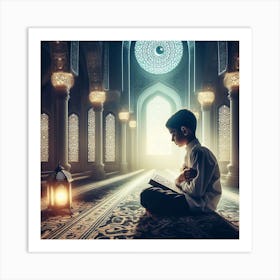 Muslim Boy Praying In Islamic Mosqueلمشاعر الروحانية في رمضان Art Print