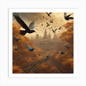 Crows Flying Over City Art Print