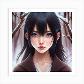 Anime Girl With Blue Eyes And Long Black Hair Art Print