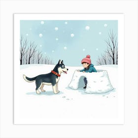 A Husky Dog And A Girl Building A Snow Fort In A Snowy Landscape, Watercolor Art Print