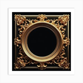 A golden frame with intricate carvings in the shape of leaves and flowers. The frame has a dark background, which makes the gold stand out. The frame is in the center of the image, and it is surrounded by a black background. Art Print