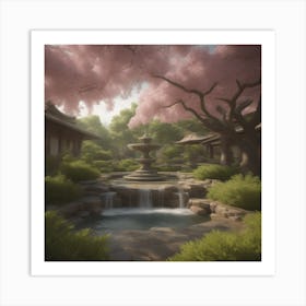 A water flowing fountain in the foreground of the picture, sparkling in the sunlight, beautifully shaped decorative stone arrangements by the water fountain, A Japanese xen inspired garden with... Art Print