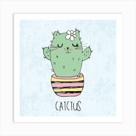 Hand Drawn Sketch Cute Kawaii Cat Cactus In A Flowerpot2 Art Print