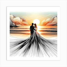 Lovers at Sun Dawn - Abstract Line Art Illustration 215 Art Print