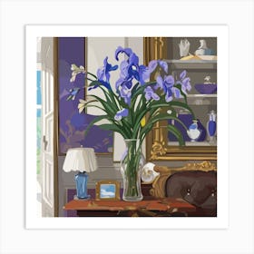 Iris Bouquet In Delft Vase Living Room Art Art Print