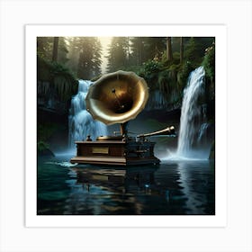 Waterfall With Gramophone Art Print