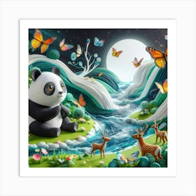 A beautiful scene waterfall with a cute panda. Art Print