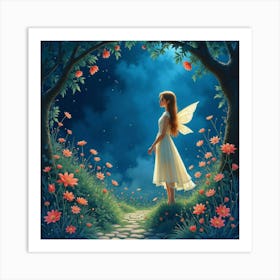 Fairy Queen’S Garden In A Mystical Night, Watercolor 1 Art Print