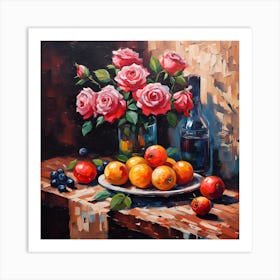 Fruit, Wine and  Pink Rose Flowers Art Print
