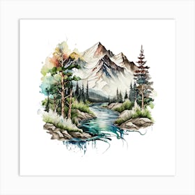 Watercolor Of Mountains And River 2 Art Print