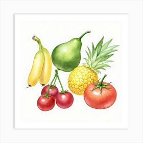 Fresh Fruits And Vegetables Illustrated In A Delicate Watercolor Setting 1 Art Print