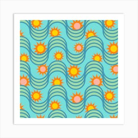 RISE AND SHINE Rising Sun Wavy Retro Mid-Century Modern Geometric Stripes in Blue Green Pink Orange Yellow on Turquoise Art Print