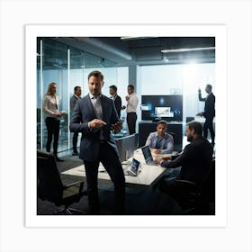 Confident Ceo Standing Center At A Sleek Modern Office Workshop Surrounded By Focused Team In Moti (4) Art Print