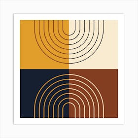 Abstract Rainbow Line and Blocks III in Mustard Brown Black Beige Midcentury Modern 1 Art Print