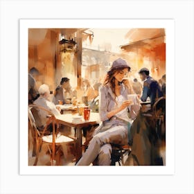 Watercolor Of A Woman In Cafe Art Print